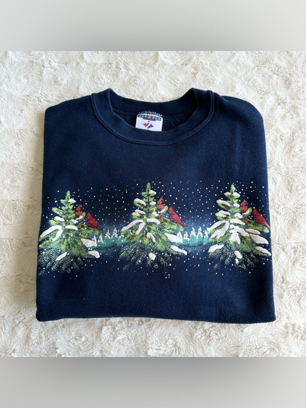 Vintage Bird Crewneck Sweatshirt Womens Small Navy Cardinal Pine Tree Winter 90s
